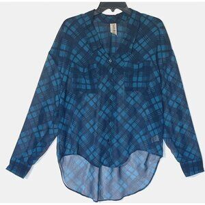 New Free People Semi-Sheer Navy Blue Long Sleeve Button Blouse Shirt Tunic